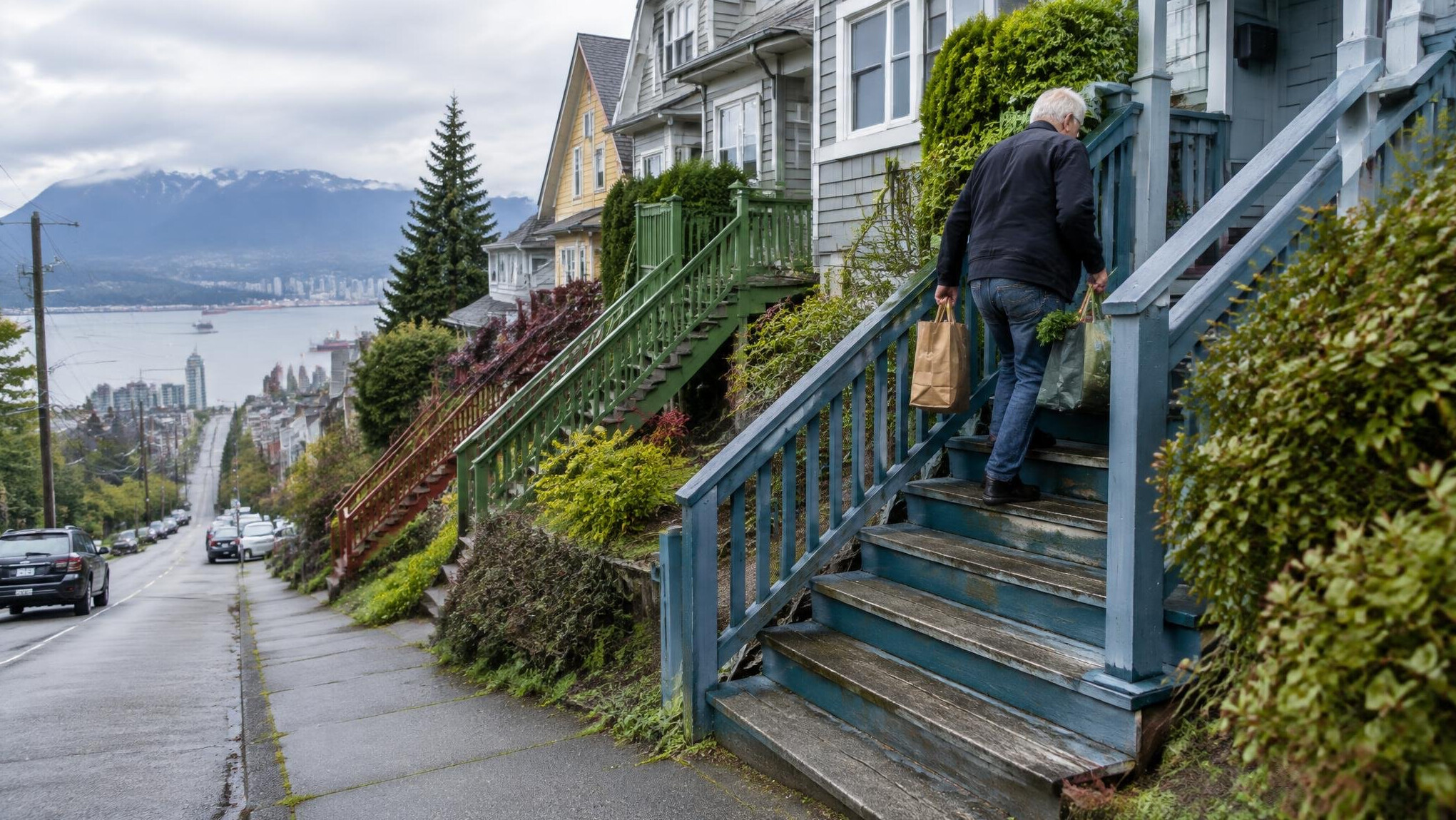 Row of colorful staircases on a hillside street in Vancouver
