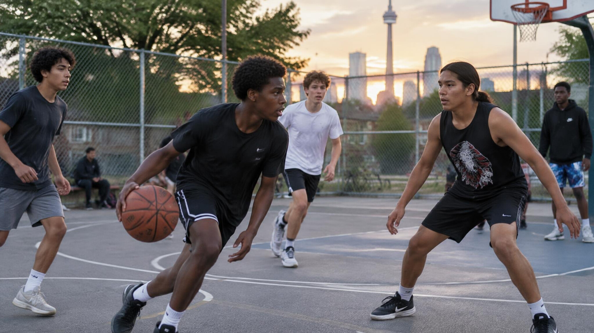 Kids playing basketball on an outdoor community court