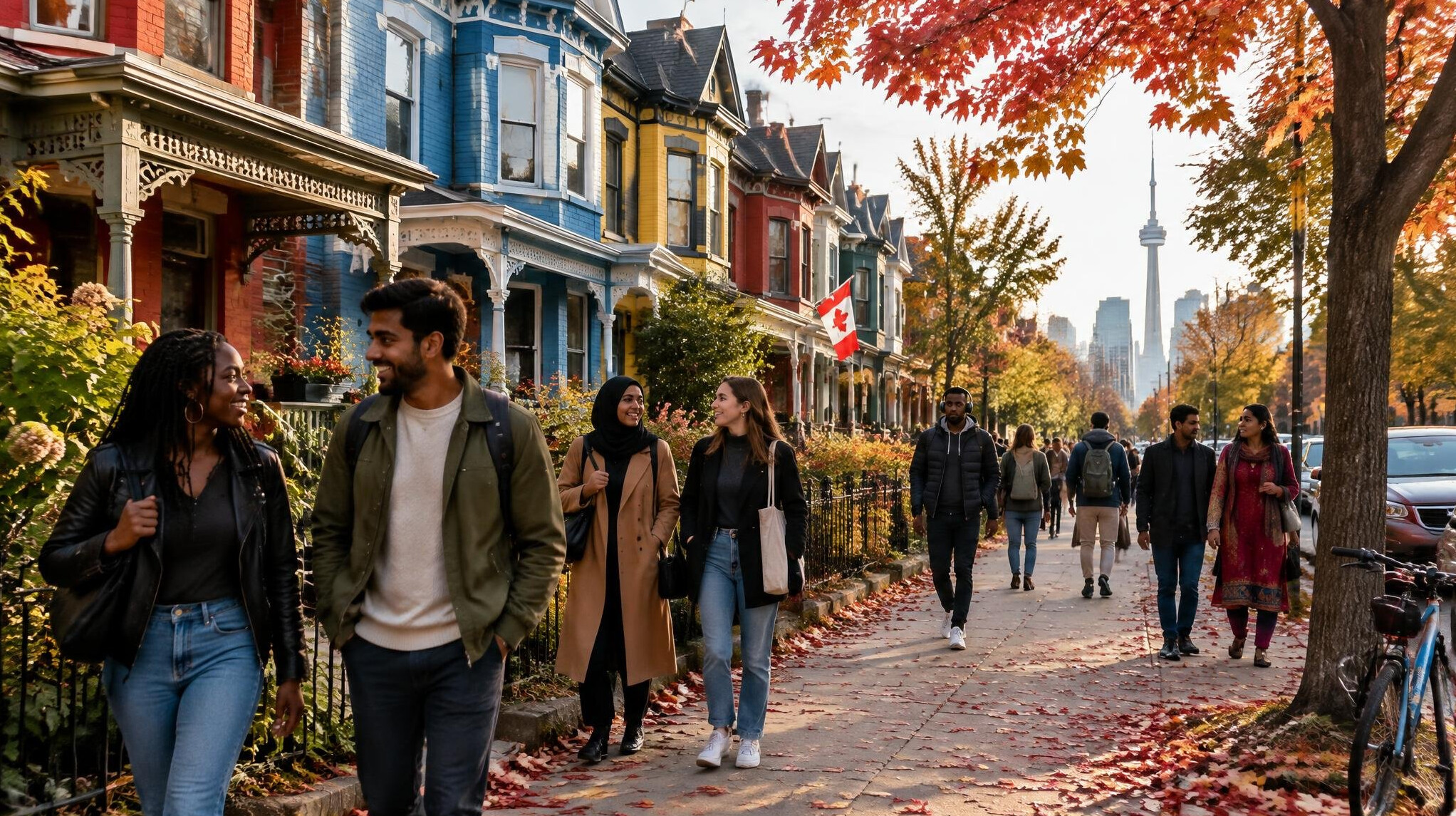 Pedestrians walking past colorful row houses on a Toronto street
