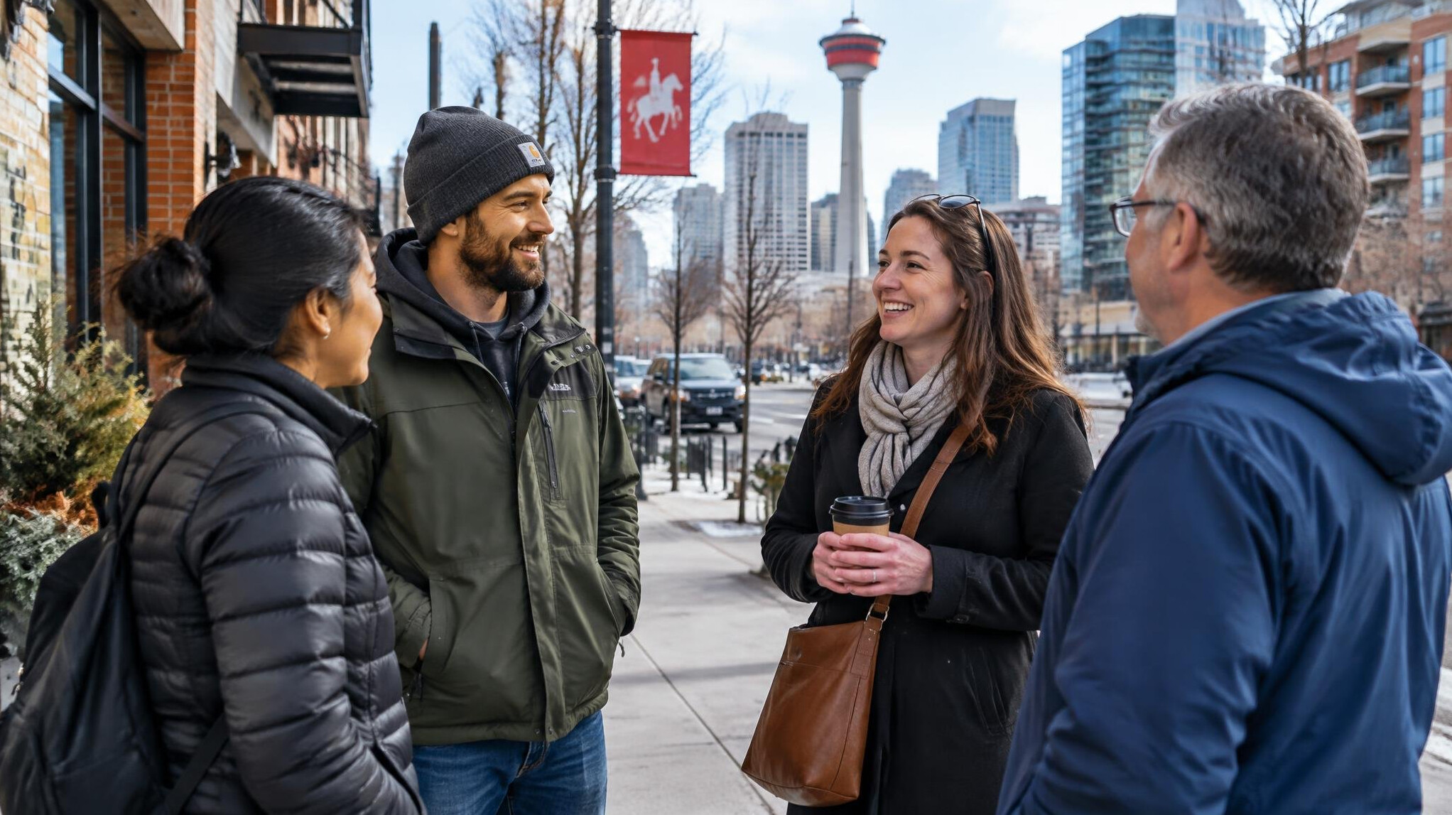 people chatting on calgary sidewalk